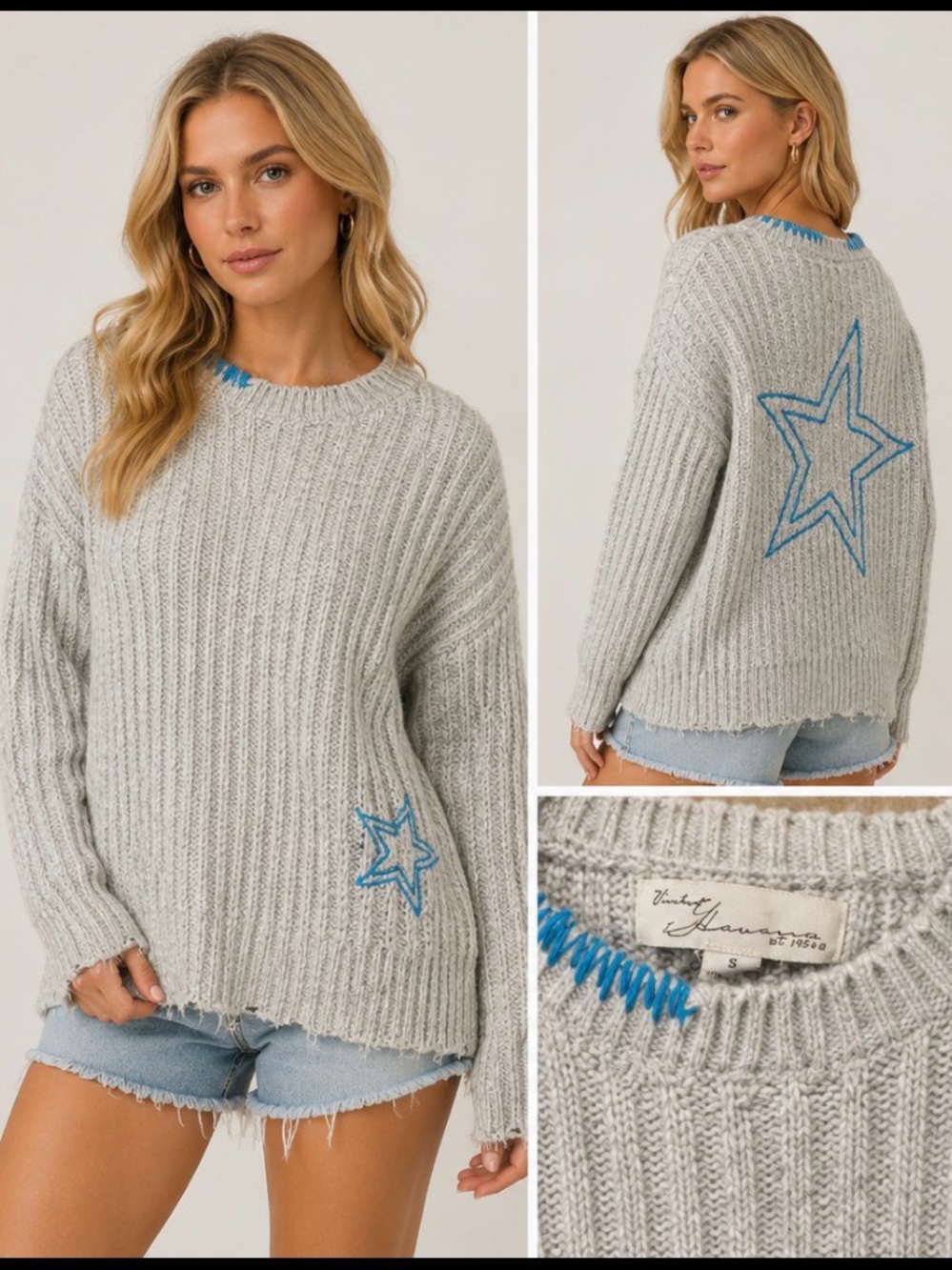 Vintage Havana Gray Ribbed Crewneck Sweater with Blue Star Detail